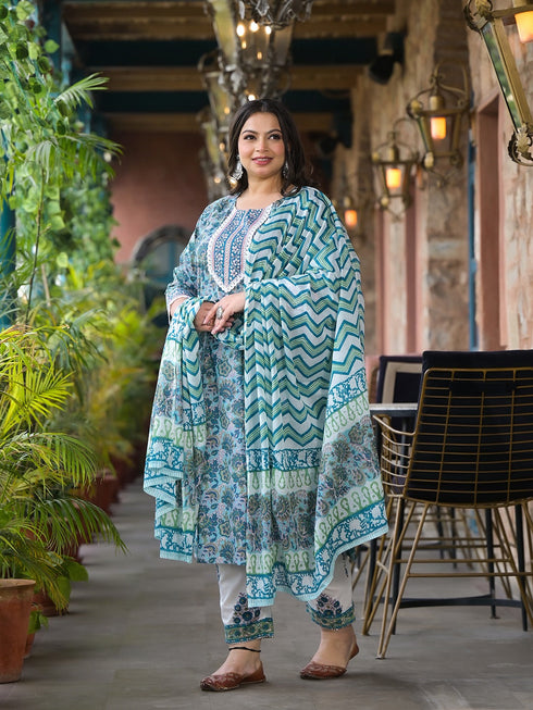 Women Plus Size Green Pure Cotton Kurta Set With Dupatta
